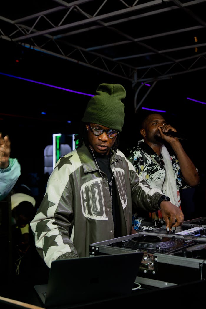 Energetic DJ and performer in a vibrant nightclub scene.