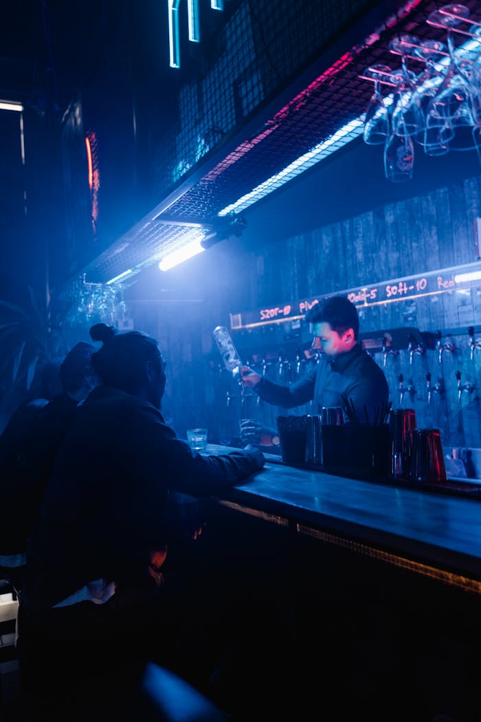 A bartender mixing drinks for customers in a dimly lit, stylish bar setting.